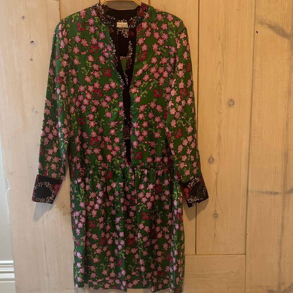 Sandro Floral Button-Front Dress in Green and Pink